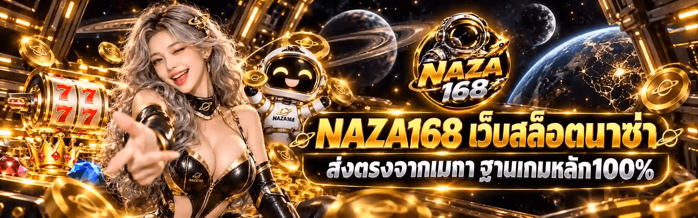 แบนเนอร์ NAZA168 เป็นฉากอวกาศโทนทอง-ดำ พื้นหลังเป็นทางเดินภายในสถานีอวกาศที่ผนังเป็นโลหะสีทองเรืองแสง มีดาวเคราะห์วงแหวนหลายดวงและโลกสีน้ำเงินลอยอยู่ทางขวา กับดวงจันทร์เสี้ยวที่มุมขวาบน ซ้ายสุดเป็นตู้สล็อตที่หน้าจอขึ้นเลข 777 สีแดงสามตัว ถัดมาเป็นมงกุฎทองประดับพลอยแดงและพลอยน้ำเงิน กับกองเหรียญทองจำนวนมาก กลางค่อนไปทางซ้ายเป็นหญิงสาวผมสีเงินยาวสลวยสวมชุดดำสลับทอง ขยิบตาและยื่นมือชี้มาทางผู้ชม ถัดมาเป็นมาสคอตนักบินอวกาศการ์ตูนในชุดอวกาศขาว-ทองที่มีคำว่า NAZA168 อยู่บนอก ยิ้มกว้างและกางแขนออก รอบตัวมีเหรียญทองที่มีวงแหวนแบบดาวเสาร์ลอยกระจายอยู่ทั่ว ขวาบนเป็นโลโก้ NAZA168 ที่เป็นเหรียญกลมขอบทองพื้นดำ กลางเหรียญเป็นหมวกนักบินอวกาศโครเมียม-ทองและจรวดทอง มีคำว่า NAZA เป็นตัวอักษรสามมิติสีทองและเลข 168 สีเงินโครเมียมอยู่ด้านล่าง ขวาล่างเป็นป้ายคาดสองบรรทัดพื้นดำขอบทอง บรรทัดบนเป็นคำว่า NAZA168 เว็บสล็อตนาซ่า ตัวอักษรสามมิติสีทอง และบรรทัดล่างเป็นคำว่า ส่งตรงจากเมกา ฐานเกมหลัก 100%