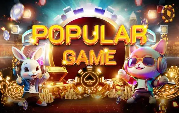 ภาพการ์ดหมวดเกมยอดนิยม พื้นหลังโทนทองเข้มมีแสงไฟเมืองและชิปวงกลมหลากสีลอยกระจาย กลางภาพเป็นข้อความ POPULAR GAME ตัวอักษรสามมิติสีทอง ด้านซ้ายเป็นกระต่ายการ์ตูนสวมเสื้อแจ็กเก็ตยีนส์ยืนข้างหีบสมบัติที่มีเหรียญทองล้นออกมา ด้านขวาเป็นแมวการ์ตูนสวมแว่นกันแดดและหูฟัง และกลางล่างเป็นชิปทองสลักสัญลักษณ์โพดำ