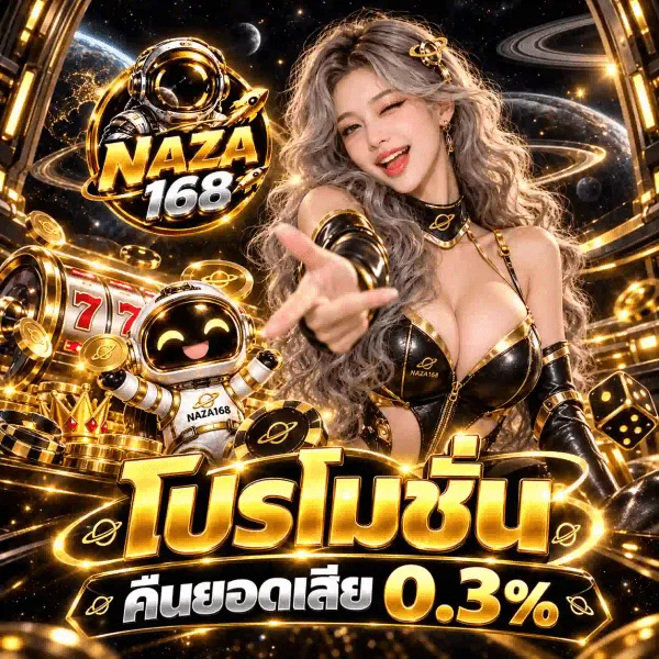 ภาพโปรโมชั่นคืนยอดเสียของ NAZA168 เป็นงานอาร์ตสี่เหลี่ยมจัตุรัสโทนทองสลับดำ ฉากภายในทางเดินสถานีอวกาศสีทอง มีดวงจันทร์และดาวเคราะห์ที่มีวงแหวนอยู่ในอวกาศด้านหลัง มุมซ้ายบนเป็นเหรียญตรา NAZA168 ขอบทองหนา ข้างในเป็นหมวกนักบินอวกาศสีเงินสลับทองพร้อมจรวดทองพุ่งผ่านวงแหวน ใต้ลงมาเป็นชื่อแบรนด์เขียนสองบรรทัด บรรทัดบนเป็นตัวอักษรทองสามมิติและบรรทัดล่างเป็นตัวเลขสีเงินโครเมียมขอบทอง ด้านซ้ายเป็นตู้สล็อตสีทองที่วงล้อขึ้นเลข 777 สีแดง ถัดลงมาเป็นมงกุฎทองและมาสคอตนักบินอวกาศการ์ตูนในชุดขาวสลับทองที่มีคำว่า NAZA168 อยู่บนหน้าอก กำลังยิ้มหลับตา ด้านขวาเป็นลูกเต๋าทองสองลูก รอบภาพมีเหรียญและชิปทองที่มีวงแหวนแบบดาวเสาร์ลอยกระจายอยู่ กลางค่อนไปทางขวาเป็นหญิงสาวผมสีเงินยาวสลวยในชุดดำประดับทอง ขยิบตาและยื่นมือมาทางผู้ชม ล่างสุดเป็นคำว่า โปรโมชั่น ตัวอักษรทองสามมิติขนาดใหญ่ ใต้ลงมาบนแผ่นป้ายสีเข้มเป็นคำว่า คืนยอดเสีย คู่กับเลข 0.3% ตัวขนาดใหญ่เป็นพิเศษ